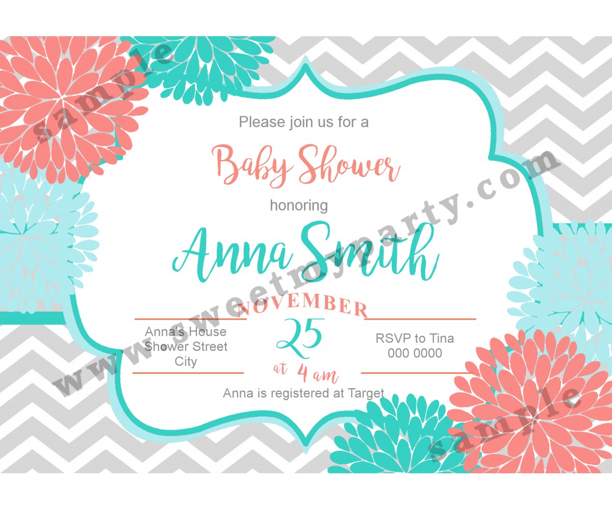 Floral Coral Turquoise Baby Shower Invitation,modern typographic baby shower invitation,(01bbg)